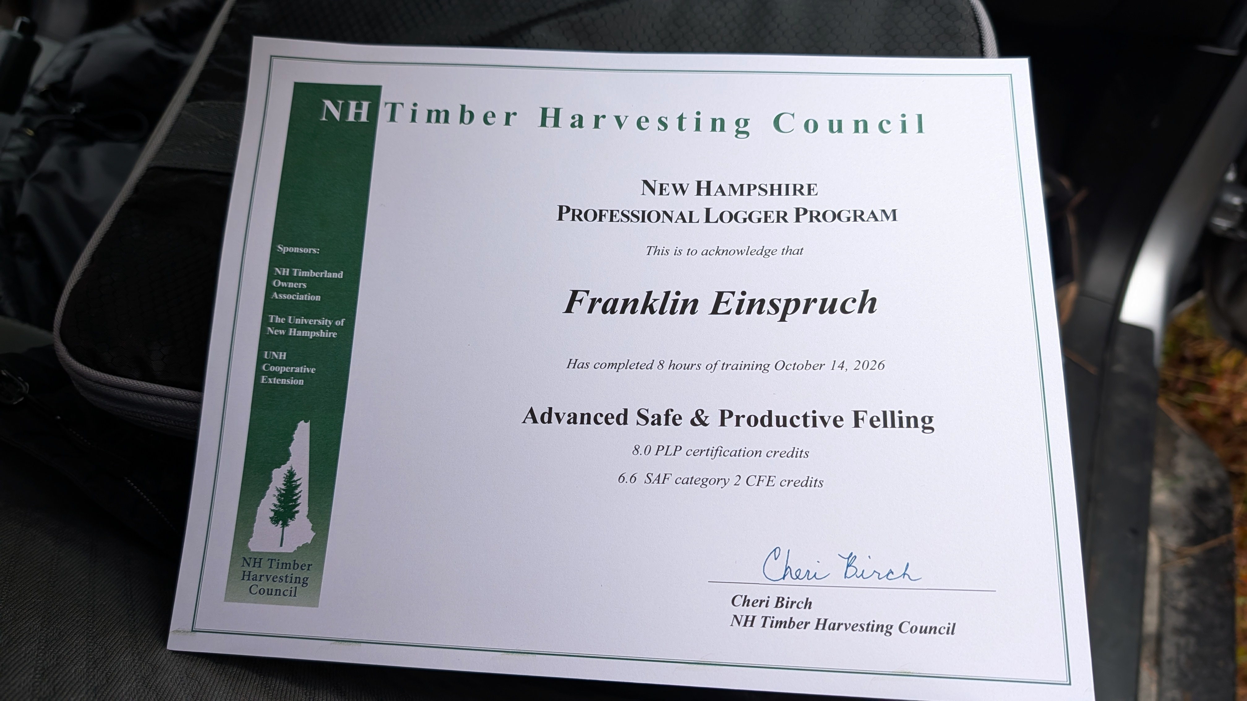 Certificate, Advanced Safe & Productive Felling, New Hampshire Professional Logger Program, NH Timber Harvesting Council